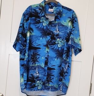 EUOW Hawaiian Shirt XXXL Short Sleeves Tropical Print Button Down Blue Green EUC